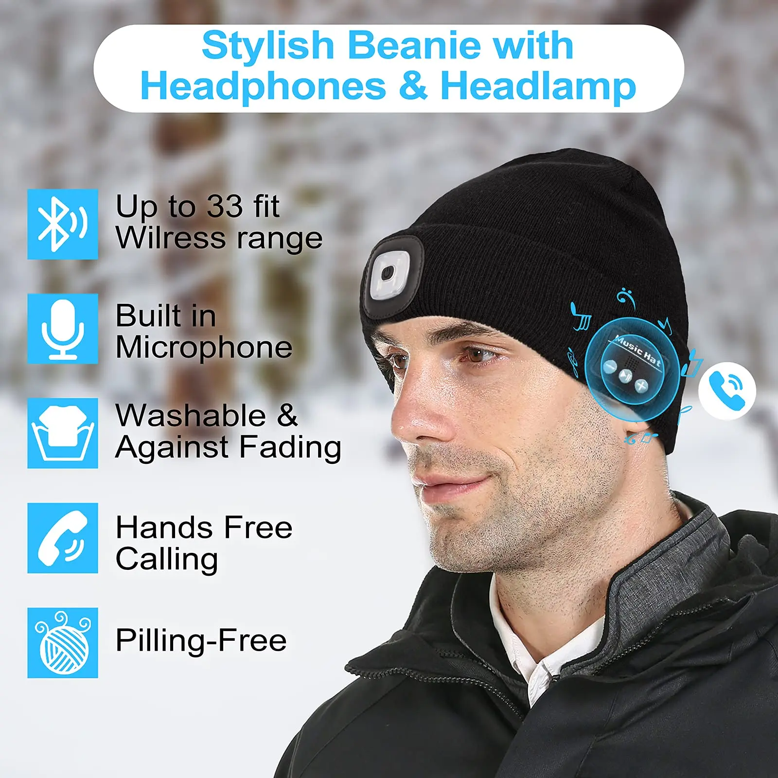 Fashion Sport Winter Multi Function Camp Beanie Hat Torch LED Light  Music Hat with Headphones Earphone headlamp details