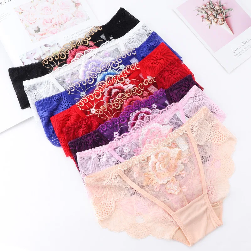 Lace Women Underwear Ladies Mid Waist Briefs Embroidery Cotton Crotch Panties