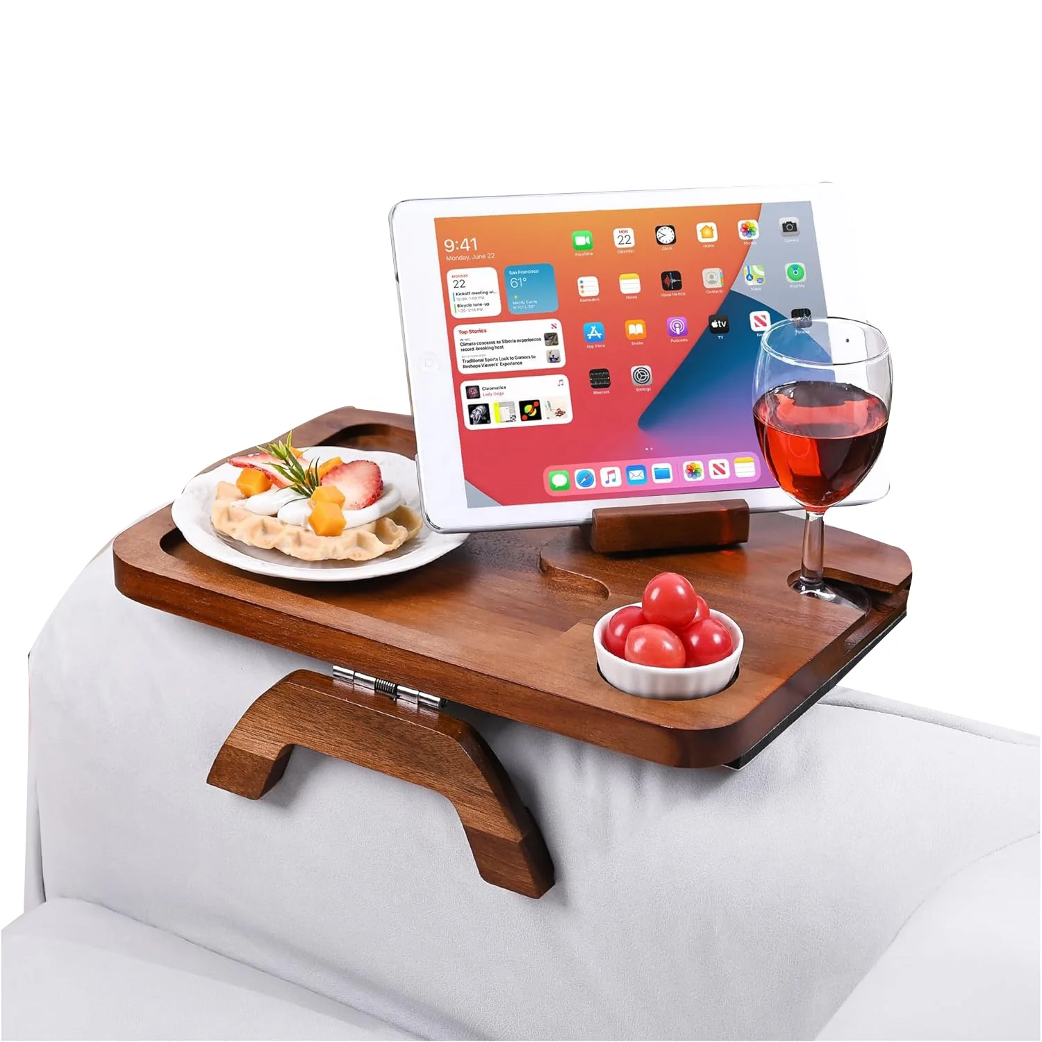 Acacia Wood and Bamboo Foldable Coach Sofa Arm Tray Armrest Table for Wide Couches with Rotating Arm