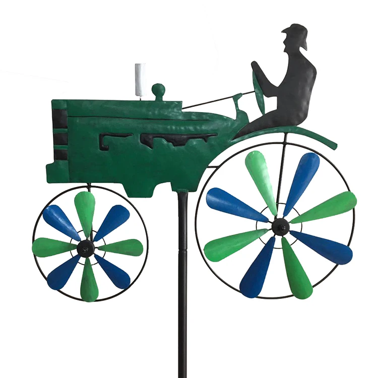 Green Tractor Wind Spinner Outdoor Metal Bicycle Wind Spinner with Stake