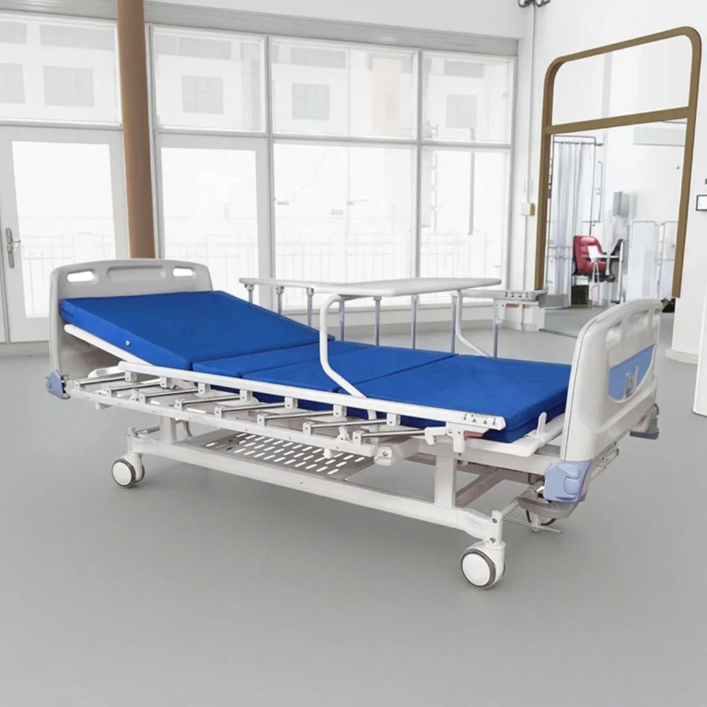 Manual Hospital Bed Adjustable Back Rest Foldable Metal Rails PP Headboard Modern Design Stainless Steel Base Infusion CE ISO 4