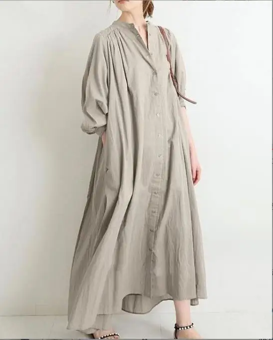 Women's Solid Color Cotton Linen Dresses Stand Collar Button Loose Women Clothes Long Sleeve Casual Long Shirt Dress