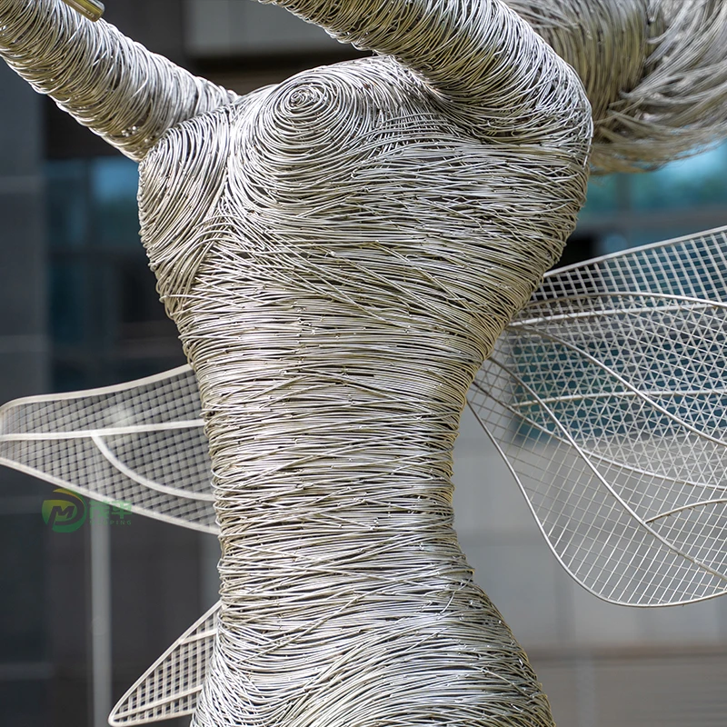 Modern Outdoor Garden Decorative Abstract Fairy Dandelion Statue Large Stainless Steel Sculpture Polished Metal Wire Design