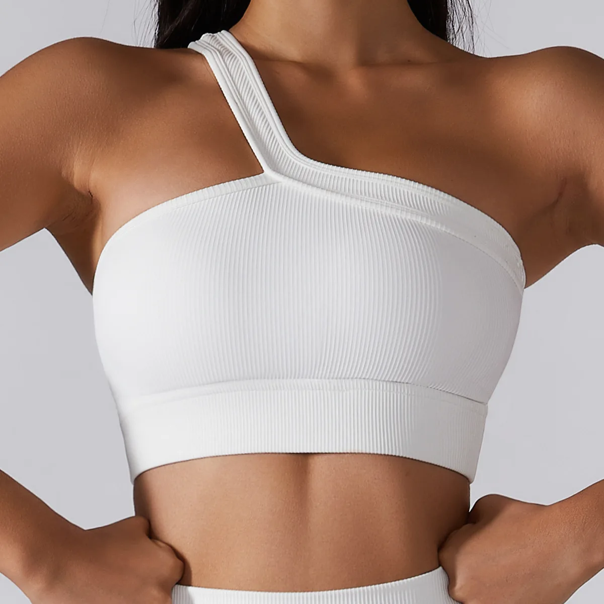 one shoulder white sports bra