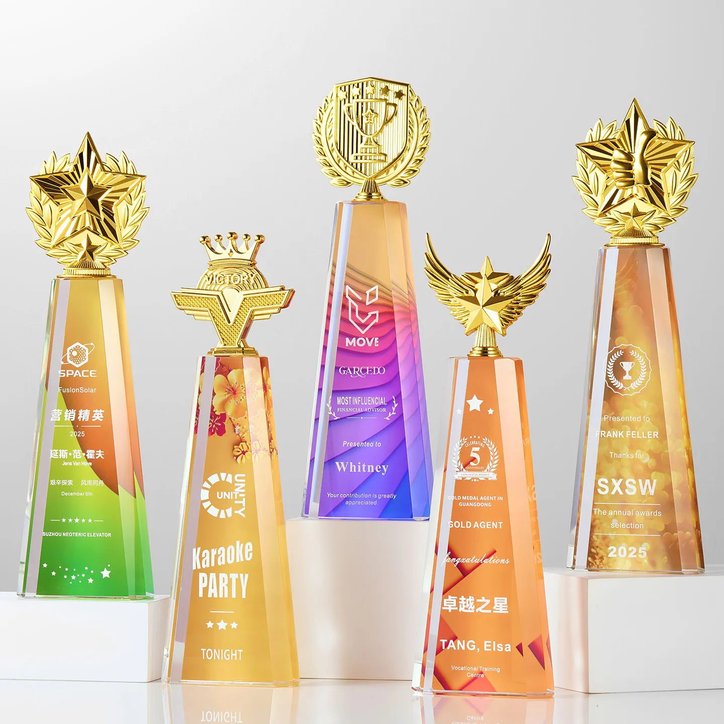 Custom Crystal Trophies Plaques New Design Corporate Gifts UV Printing Golden Stars for Other Crystal Crafts WDY-0418