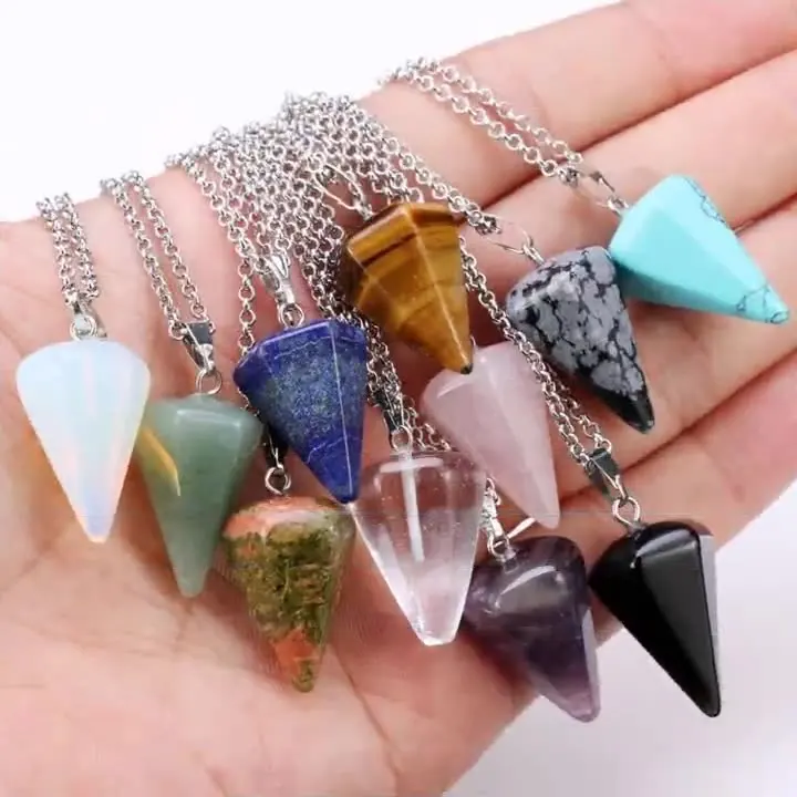 Renaiz 18K Gold Plated Natural Gemstone Pendant Necklace - Amethyst, Turquoise, Tiger Eye Crystal