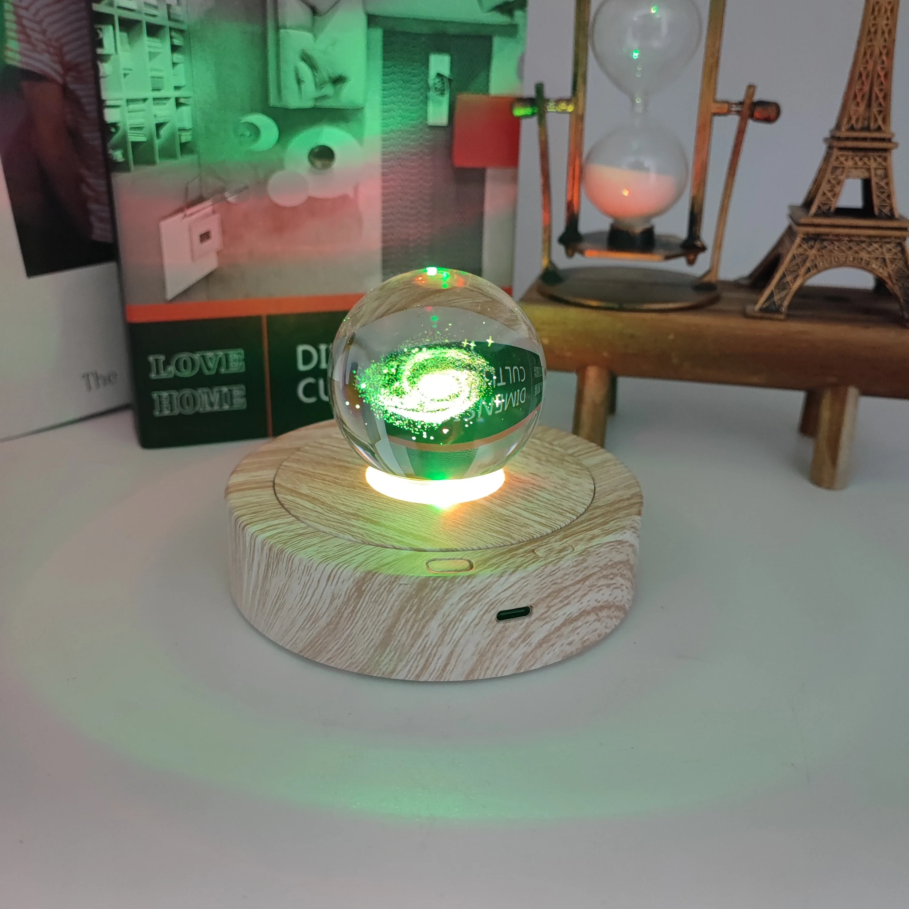 Colorful Led Base Light Rotating Wood Grain Texture Display Base Stand for Crystals Glass Art Crafts