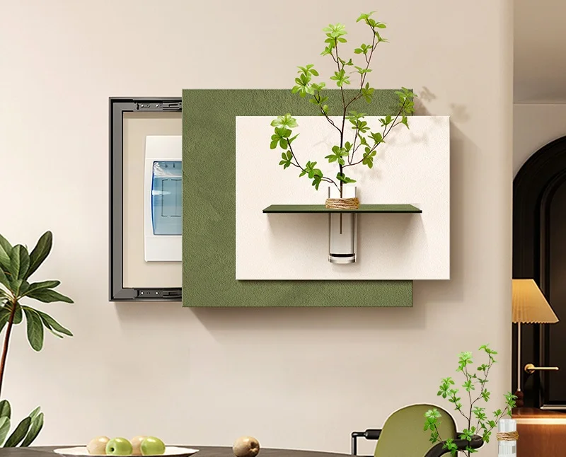 Green Beige Electrical Box Cover Wall Art Canvas Print Textured 3D Plant Shelf Minimalist Wabi Sabi Neutral Home Decor