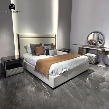Home King Size Big Headboard Leather Upholstered Italian Style Modern Luxury Bed Room Frame Set Bed Room Furniture Bedroom Sets