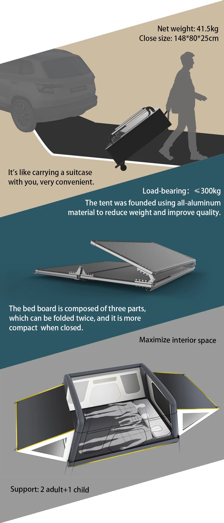 Three Fold Inflatable Rooftop Tent 34 Person Camping Truck 8 Lock Roof Top Tent With Annex