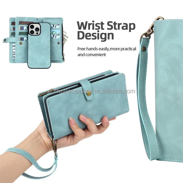 Retro Zipper Shockproof Card Slots Wallet Leather Brand Case Magnetic Detachable Back Cover for iPhone 11 12 13 14 15 Pro Max