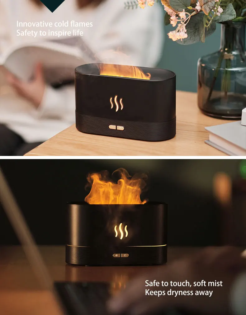 Hot Selling 180ml Air Scent Humidifier Simulation Flame Essential Oil Diffuser Portable LED Night Light Aroma Diffuser for Home
