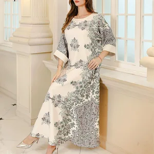 Women's Muslim robe dress custom floral print long skirt half sleeve round neck day wear holiday dress factory