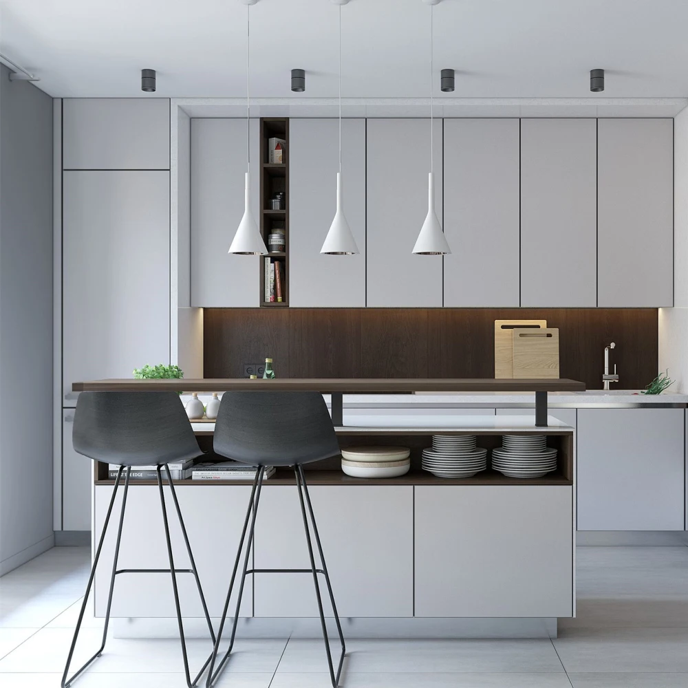 Custom Modular Modern Glossy White Lacquer Kitchen Cabinets Furniture Set With Marble Island