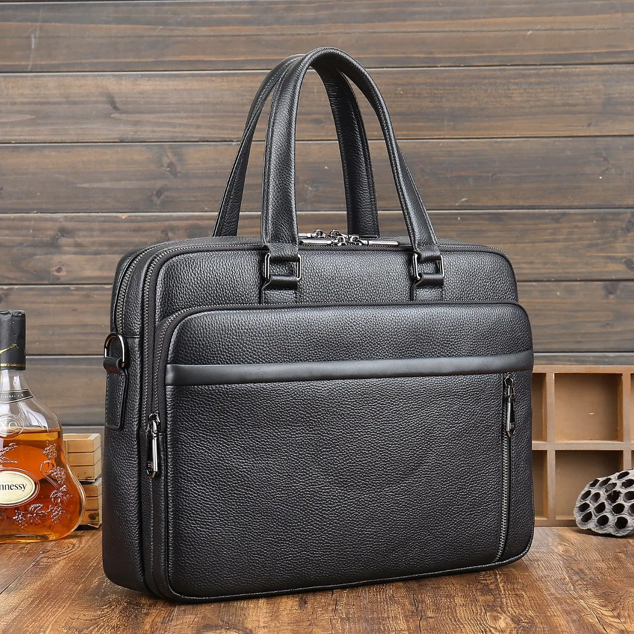 Original Factory Drop Shipping Cow Leather 15.6 Inches Business Bag Real Black Pebble Genuine Leather Computer Laptop Briefcases