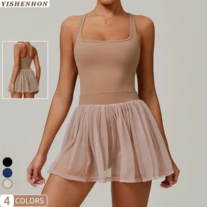 YISHENHON Women One Piece Eco-friendly Recycled Mesh Breathable Quick-drying Tennis Skirts Outdoor Fitness Sport Clothes