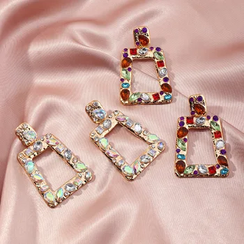 Wholesale Fashion Women Jewelry Geometric Crystal Rhinestone Drop Earrings Creative Colorful Diamond Rectangle Pendant Earrings