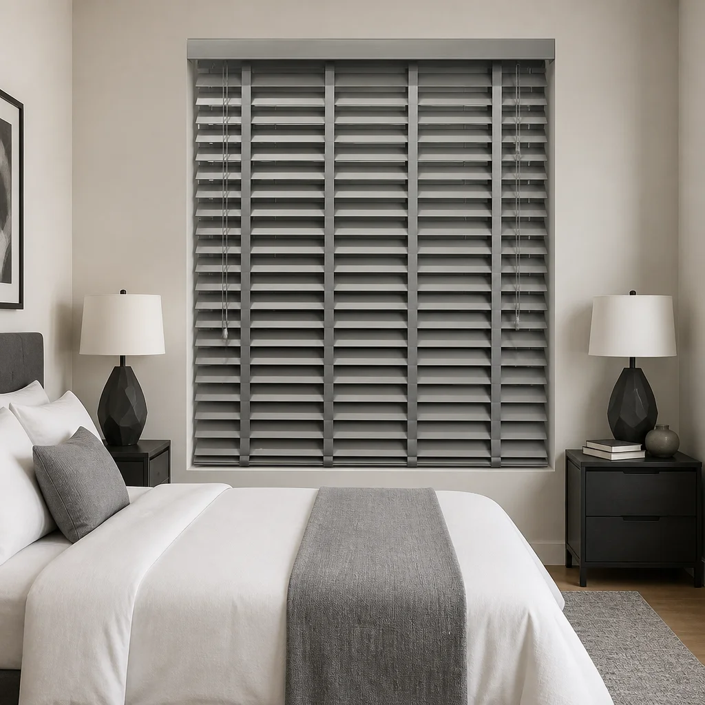 Gray Wood Horizontal Venetian Blinds 50mm Painted Wide Herringbone Ladder Tape Pull Cord Privacy Bedroom Custom Size OEM Factory