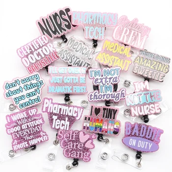 Wholesale Medical Series Acrylic Badge Holder Glitter Pink Plastic Letters Student Nurse Scrub Life Badge Reel
