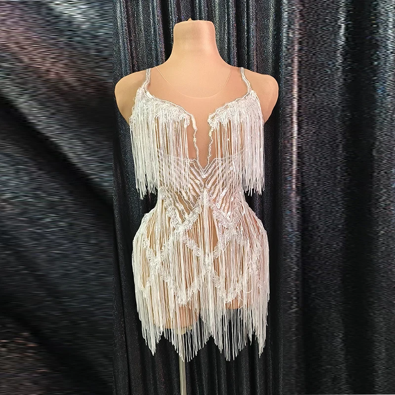 Ad1573 White Tassel Performance Dress Women Elegant Crew Neck
