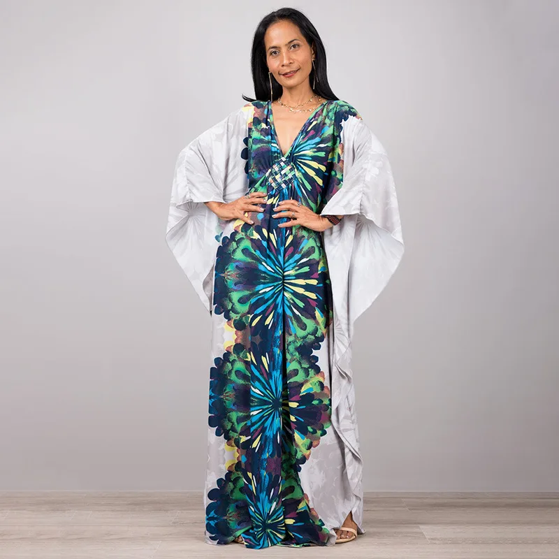 Luxury Women’s Beach Kaftan Cover Up – Colorful Print Maxi Dress with Bat Sleeves