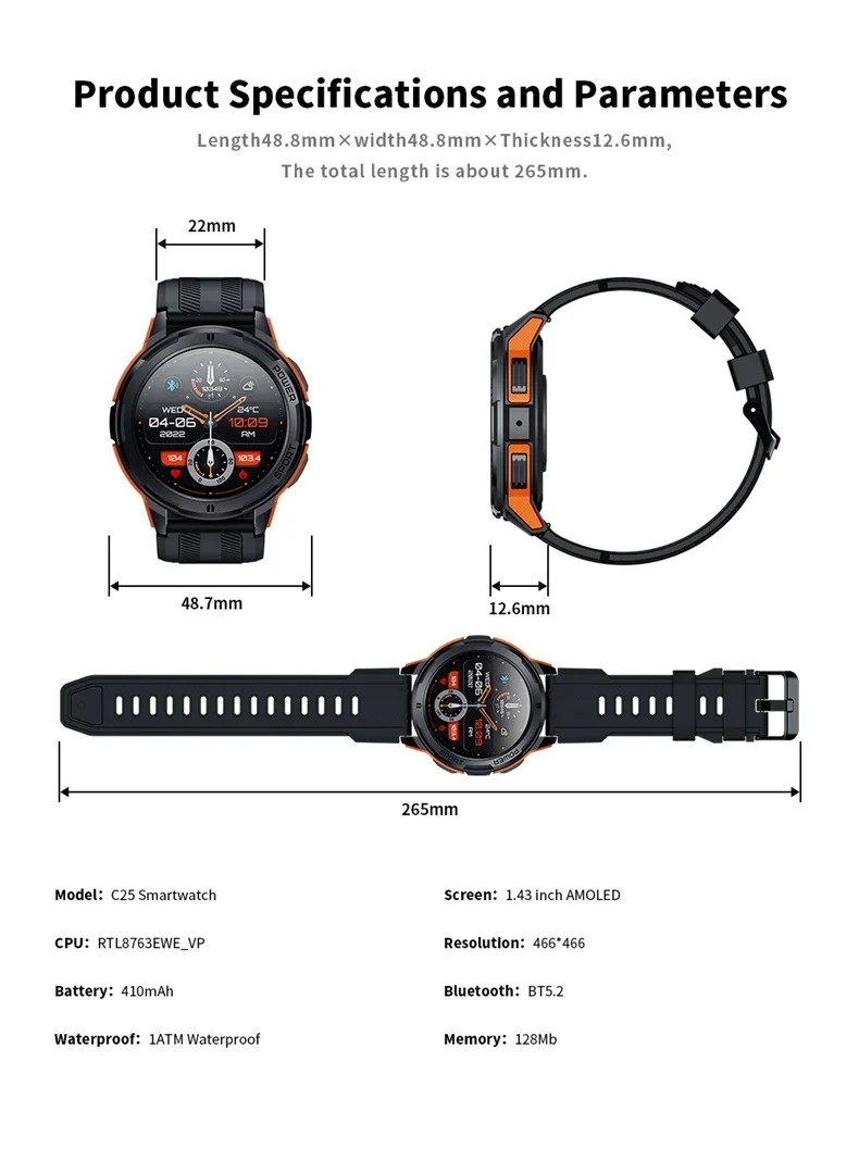 1.43 Inch AMOLED Touch Screen C25 Reloj Smart Watch BT Calling Waterproof Blood Oxygen Fitness Sports Tracker Rugged Smartwatch (16).jpg