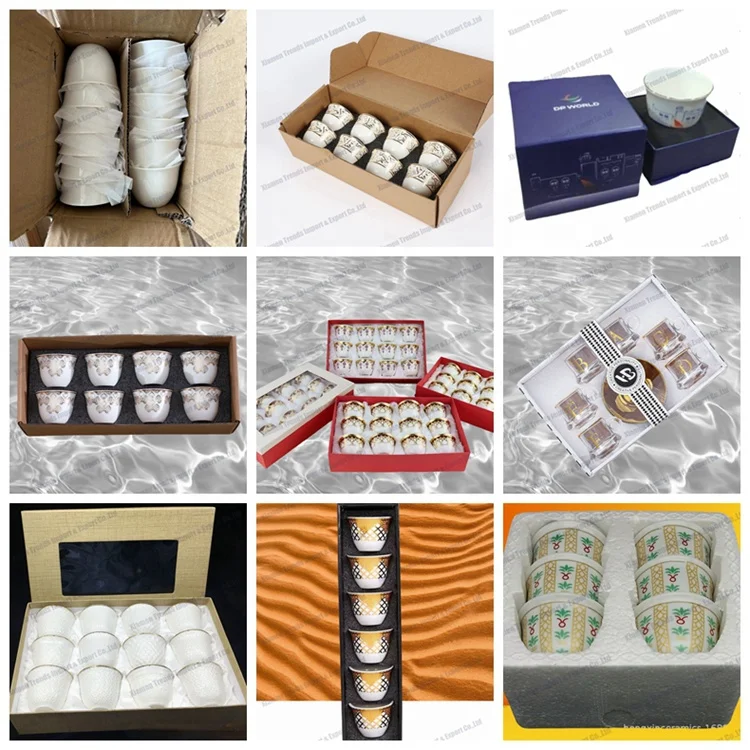 Mid Eastern Custom logo Porcelain Small Saudi Ghawa Qahwa Kawa Cawa Cups Arabic Coffee Tea Cups with Gift Box