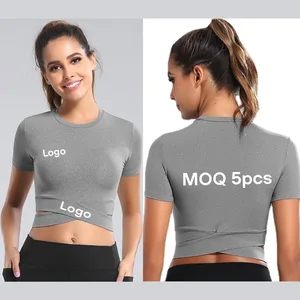 Custom Logo Women Sports Slim Fit Cross T-shirt Gym Fitness Top Exposed Navel Yoga Clothes Outdoor Running Short Sleeves Shirts