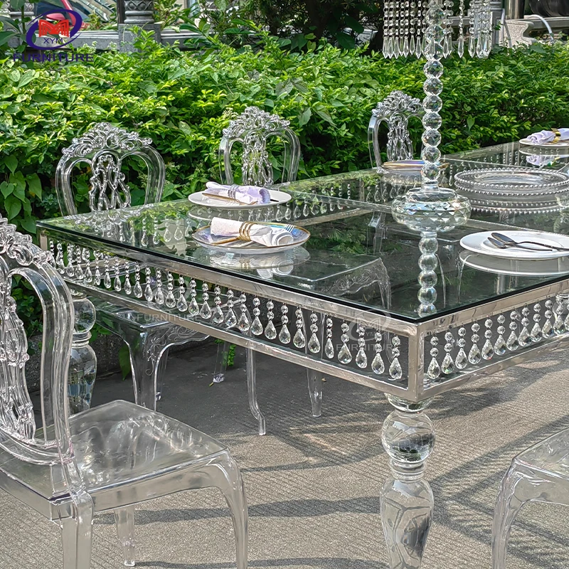 Transparency Rectangular Stainless Steel Frame Wedding Acrylic Banquet clear Dining Table with Leg for Wedding