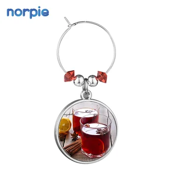 Custom Sublimation Blank Circle Metal Wine Glass Ring Charms Tags Holders For Wedding Party