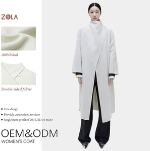 High-End Handmade Eco-Friendly Casual White 100% Wool Soft Coat Winter Long Outerwear Covered Button Closure Scarf Breathable