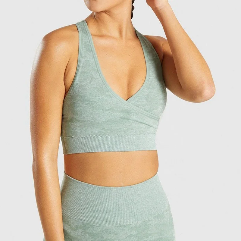 Женский Камуфляжный бесшовный укороченный Топ с длинным рукавом и бюстгальтер, леггинсы, брюки для йоги, одежда для спортзала, комплект для йоги, 3 предмета