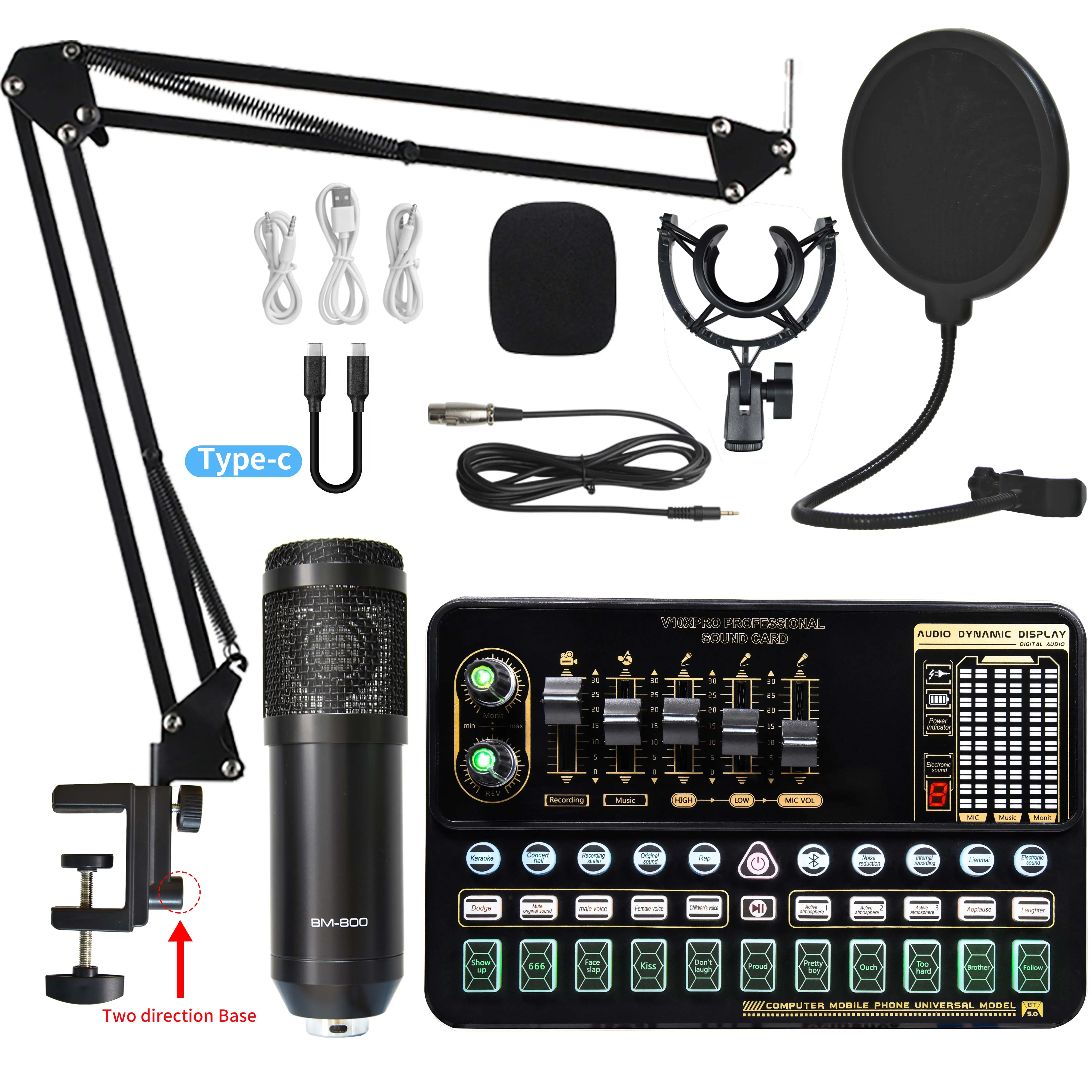 Professional Audio V10XPRO Set BM800 Smart Studio Condenser Microphone New Upgrade Portable LED for Live Noise Cancelling