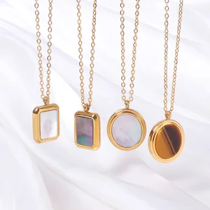 Vintage Trendy Stainless Steel Natural Shell Sun Half Moon Coin Pendant Medallion Necklaces 18K Gold Plated Waterproof Gift
