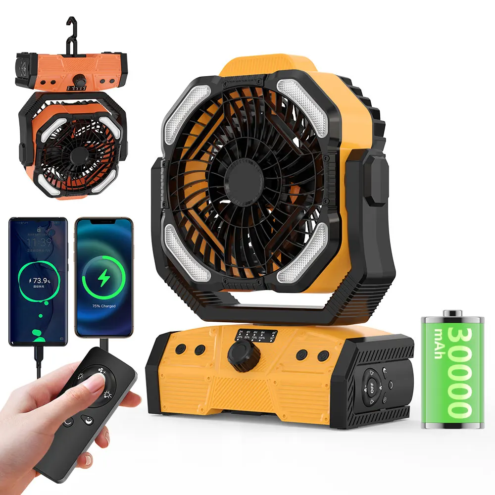 VENTILATORE TENDA OUTDOOR ricaricabile con lanterna LED con gancio a