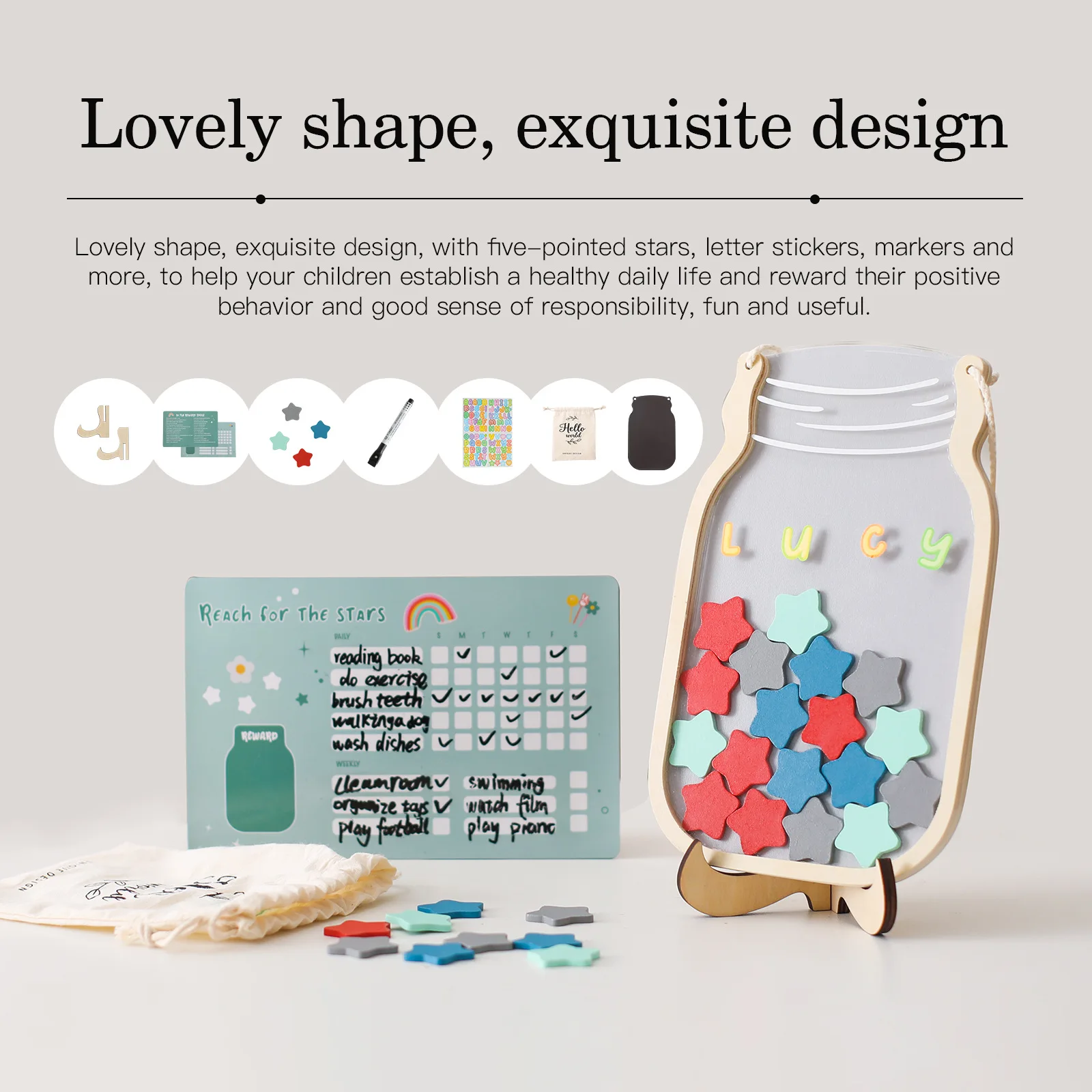 SKIWAX - Pot De Récompense étoiles Avec Tableau De Motivation, Système De Renforcement Positif Pour Enfants, Décoration En Bois Et Acrylique Transparent