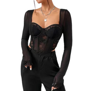Lism Custom Wholesale Price Ladies Black Lace Long Sleeve Corset Top for Women Sexy Corset Mesh Top