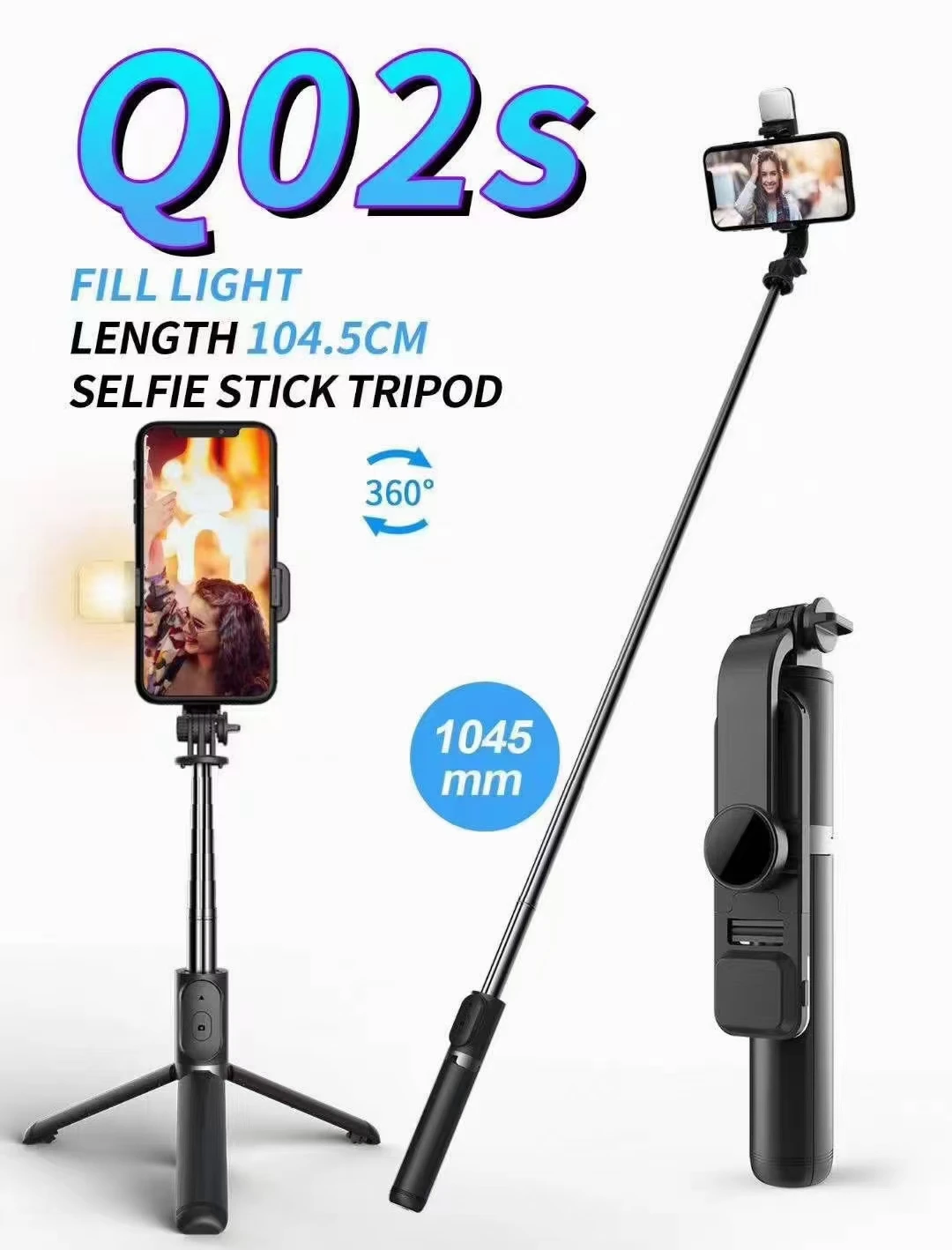 Q02s Wireless Remote Control Monopod Selfie Stick Bluetooths Tripod 3 in 1 with LED Fill Light for Smartphone