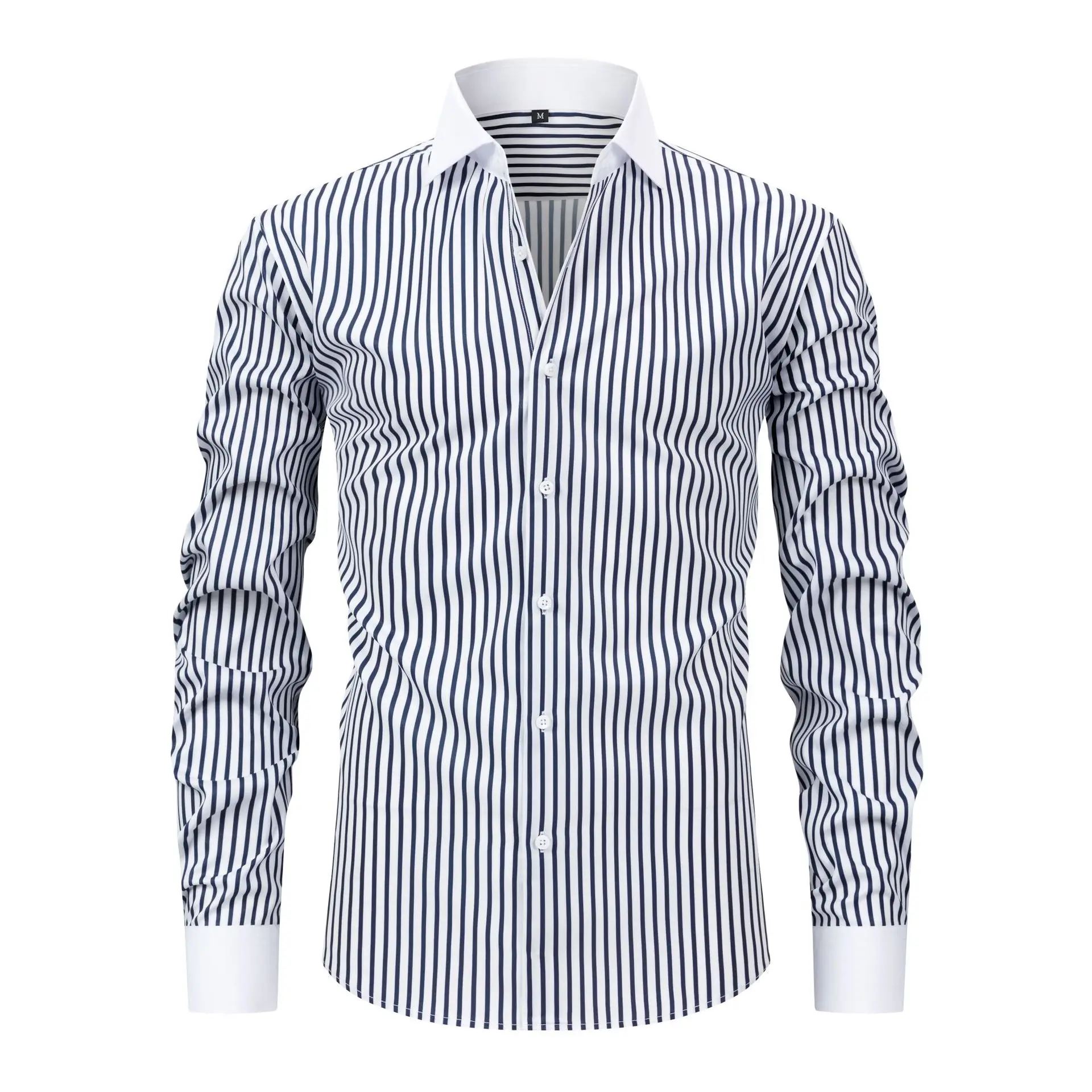 Men's Contrast Collar Striped Dress Shirt Long Sleeve Button-up With White Cuffs Sehe Fashion