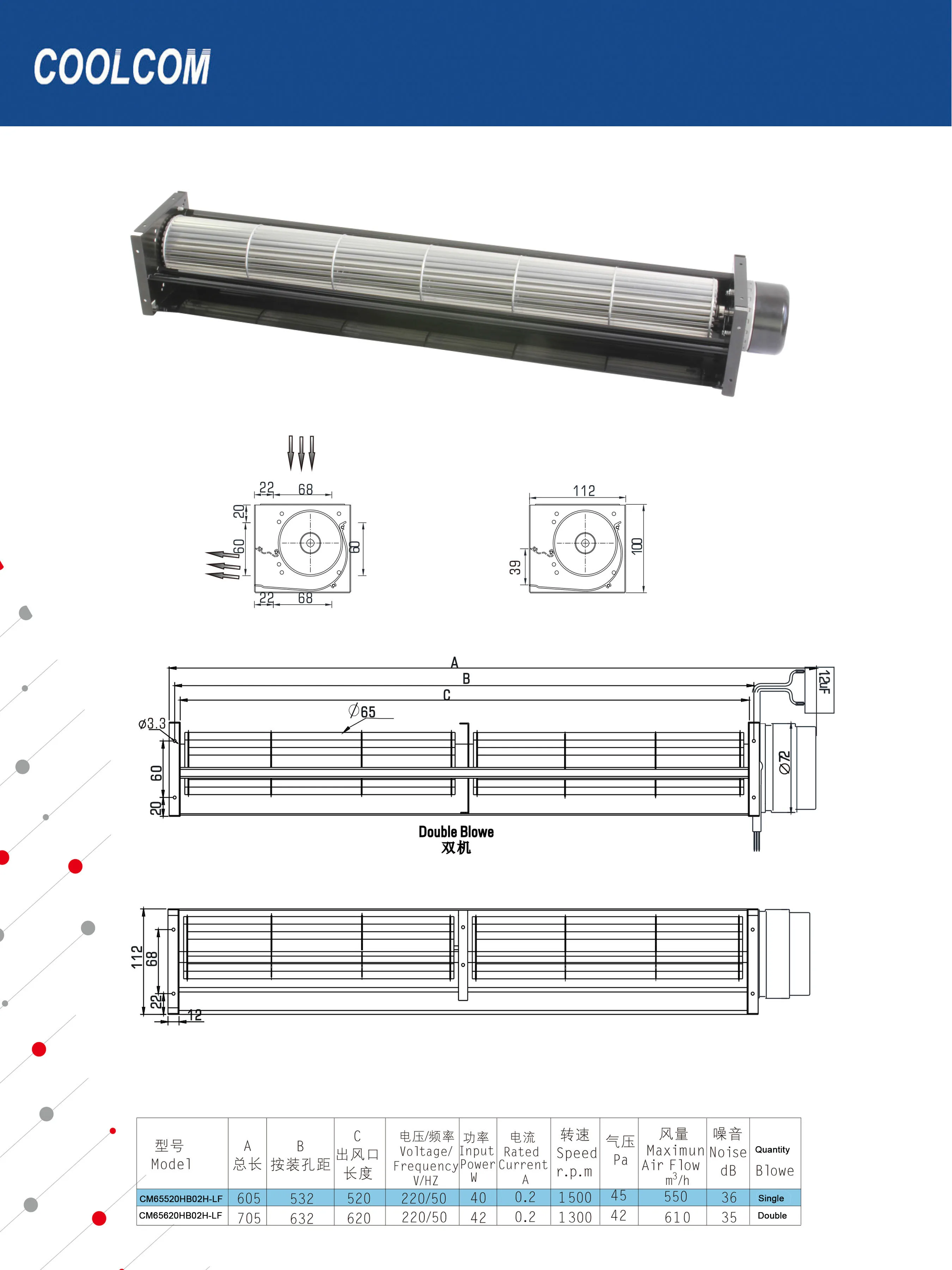 Tangential Fan, 65mm, 220v, 115V, Aluminum - detail 2