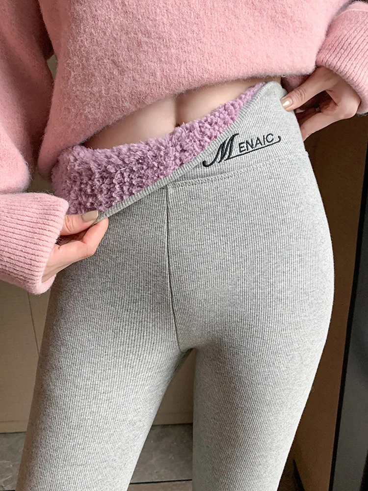 KTS366 OEM Custom High Waist Winter Leggings Pants Embroidery Word Cloud Velvet Fleece Lined Women Thermal Pantyhose / Tights