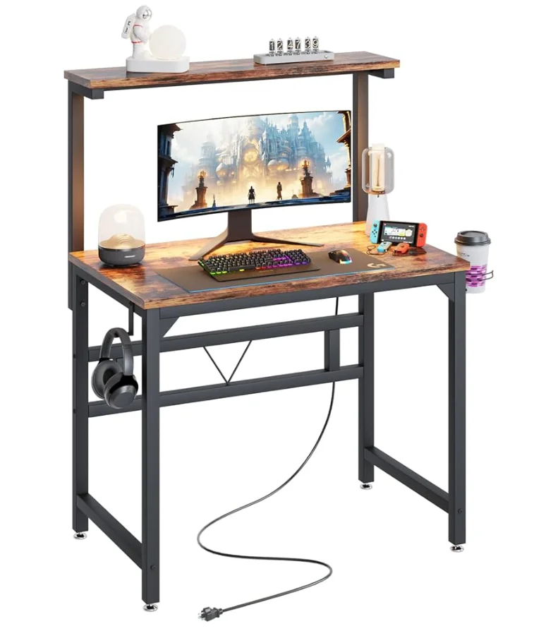 Rustic Wood Gaming Desk with Overhead Shelf & Organizers