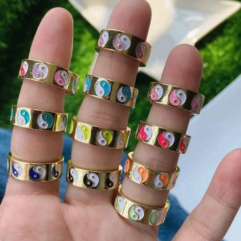 2024 New New Dainty Multicolor Enamel Oil Drop Chunky Gold Plated Yin Yang Taiqi Chi Adjustable Rings for Women Ladies