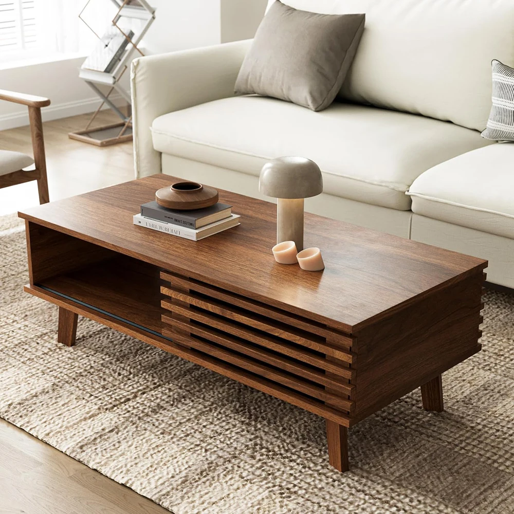 product nu deco mid century modern wooden coffee table with storage farmhouse design for living room apartment-1