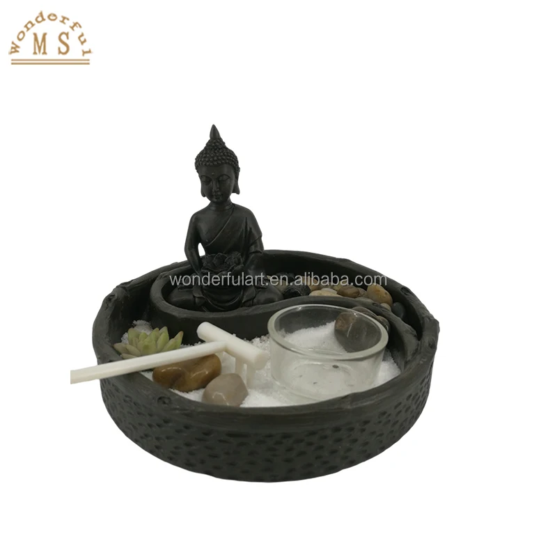 Resin zen buddha figurine sand garden box kit religious tealight holder with sand rock home decoration office desktop