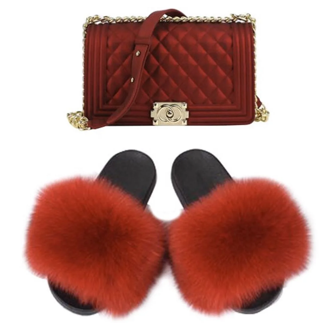 Mix Colors Neon Candy Handbags For Women Matching Shoes And Bag Set Fox Fur Slippers Two Pieces Jelly Purses And Fur Slides Buy Shoulder Bag Chain Bag With Slides Pink Fur Handbags Product on