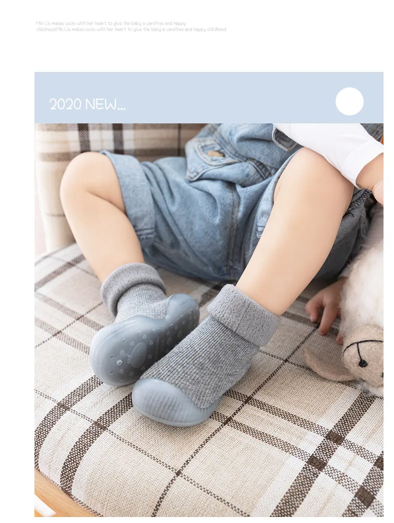 winter warm baby waking shoes non-slip rubber sole solid infant floor socks manufacture