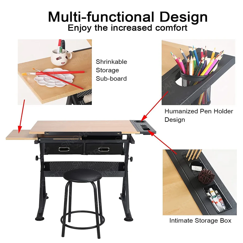 SINOART 2 Drawers Adjustable Tilting Drafting Table Wooden Adjusts Table Desk Architecture Drawing Tables Draw with Stool