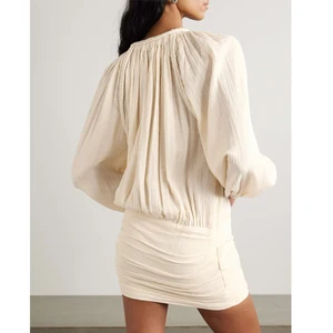 2026 New Summer Casual  Puff Sleeve Ruffled Short Skirt Elegant Dress for Women Pleated Cotton Tulle Mini Dress