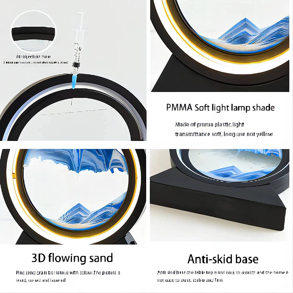Hot New Colorful 360 Rotation Hourglass Quick Sand Bedside Table Light Remote Control USB Rechargeable LED 3D Quicksand Art Lamp